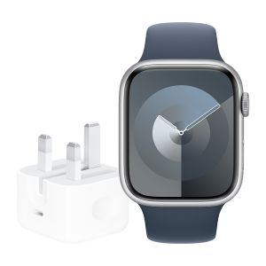 Apple Watch Series 9 GPS 45mm Silver Aluminium Case with Storm Blue Sport Band - S/M + 20W USB-C POWER ADAPTER-ZEE