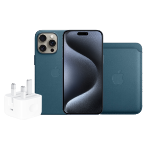 iPhone 15 Pro Max 256GB Blue Titanium + FineWoven Case with MagSafe - Pacific Blue + FineWoven Wallet with MagSafe - Pacific Blue + 20W USB-C Power Adapter